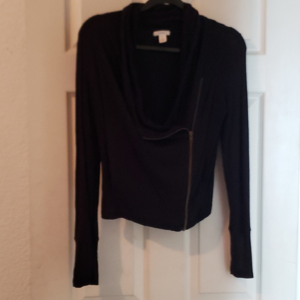 Black cowl zip up long sleeve bomber jacket.